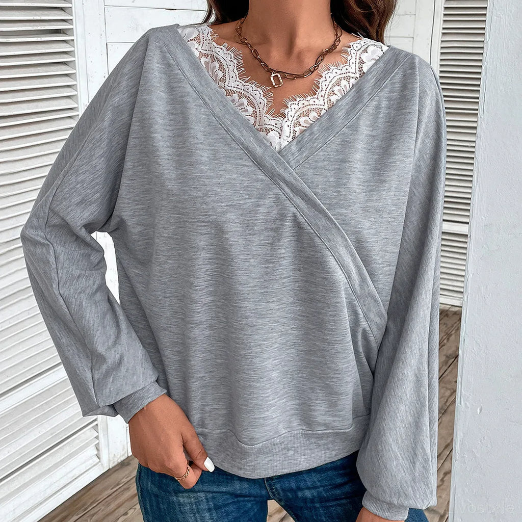 Wrap Style V-Neck Top with Lace Trim and Balloon Sleeves