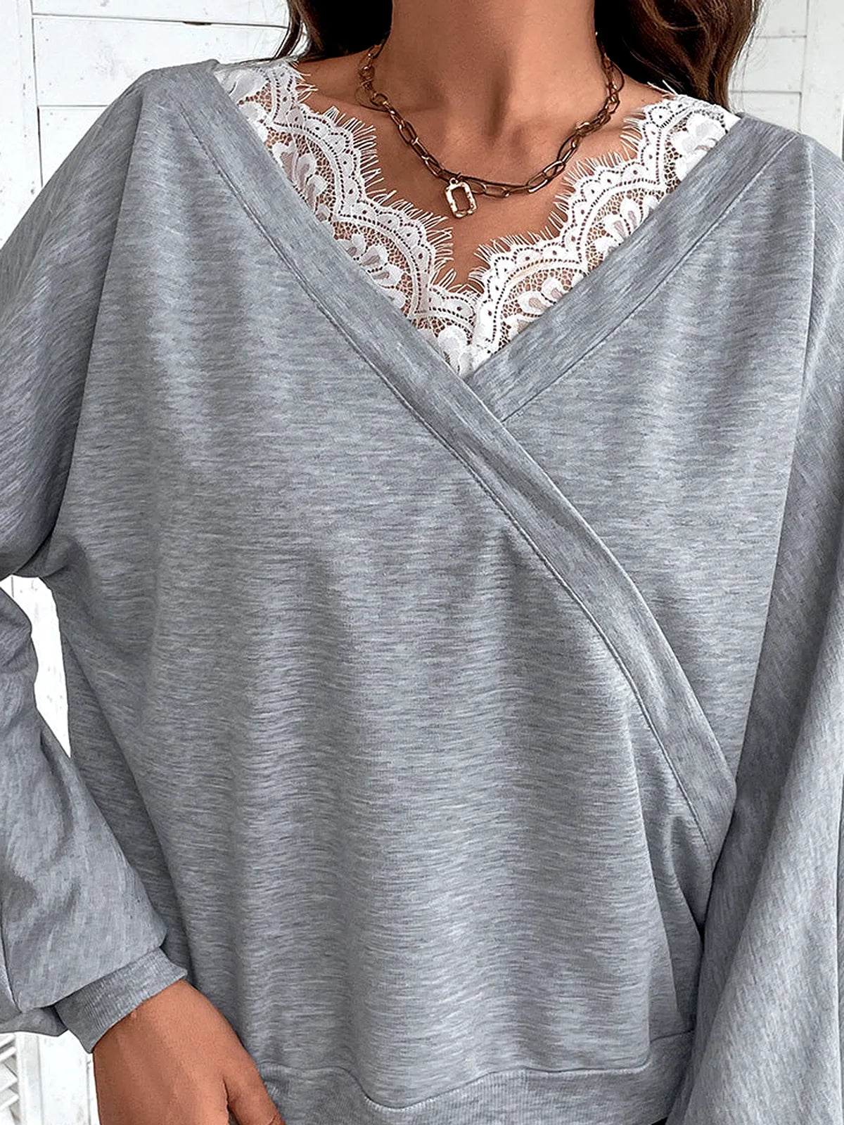 Wrap Style V-Neck Top with Lace Trim and Balloon Sleeves