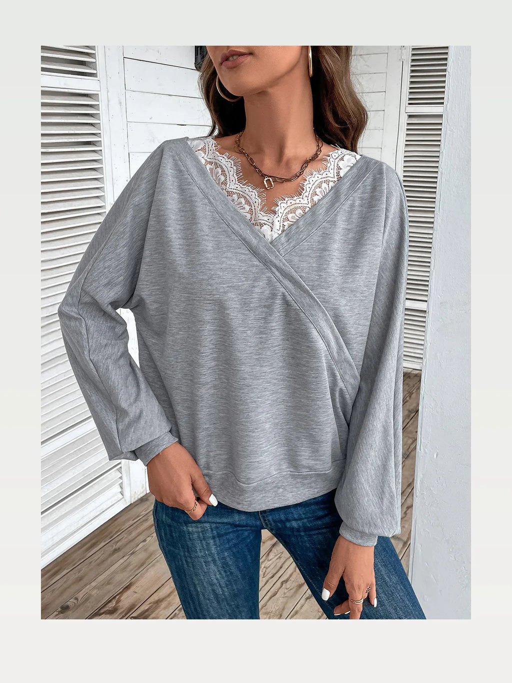 Wrap Style V-Neck Top with Lace Trim and Balloon Sleeves