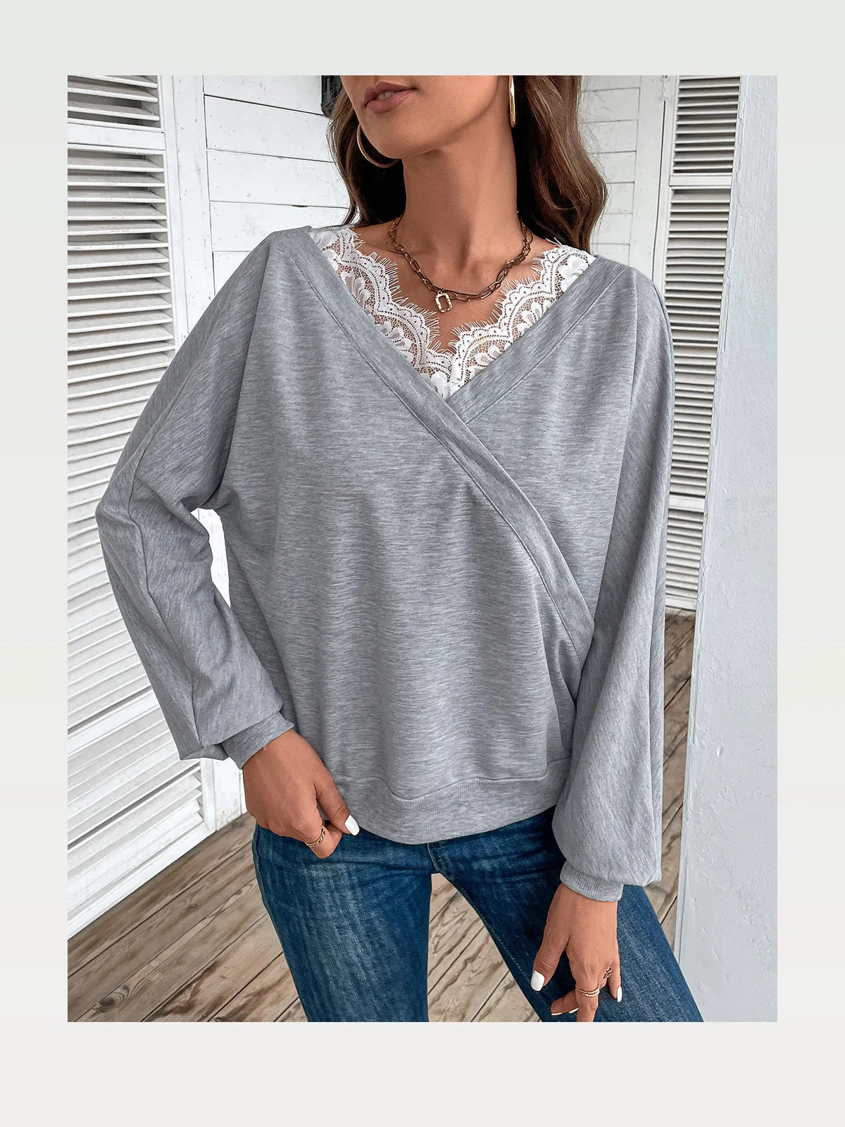 Wrap Style V-Neck Top with Lace Trim and Balloon Sleeves