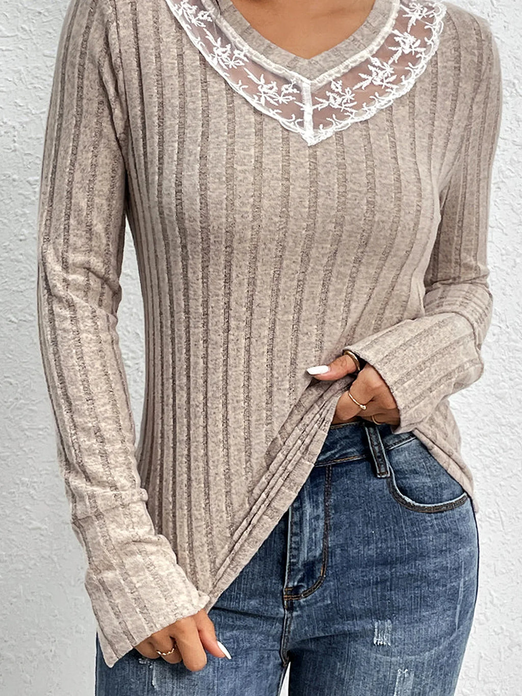 Lace Detail Ribbed V-Neck Long Sleeve Top