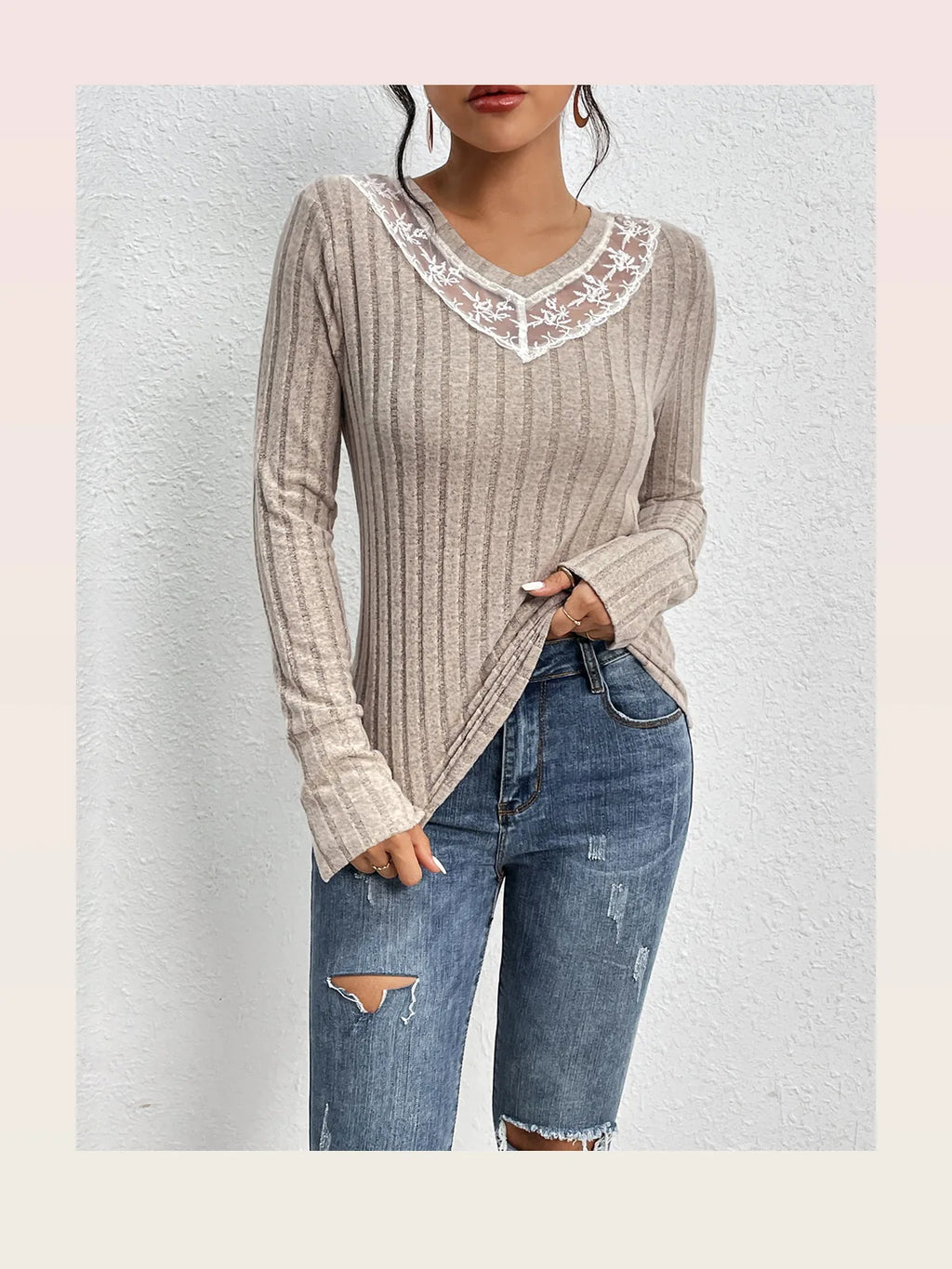 Lace Detail Ribbed V-Neck Long Sleeve Top