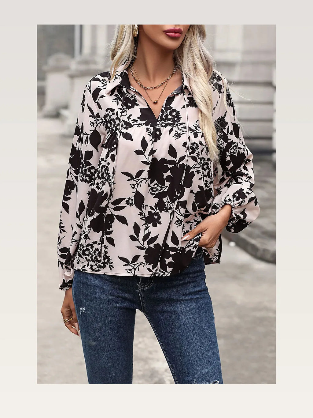 Printed Tie Neck Balloon Sleeve Blouse