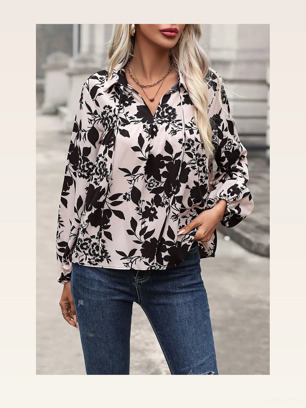 Printed Tie Neck Balloon Sleeve Blouse