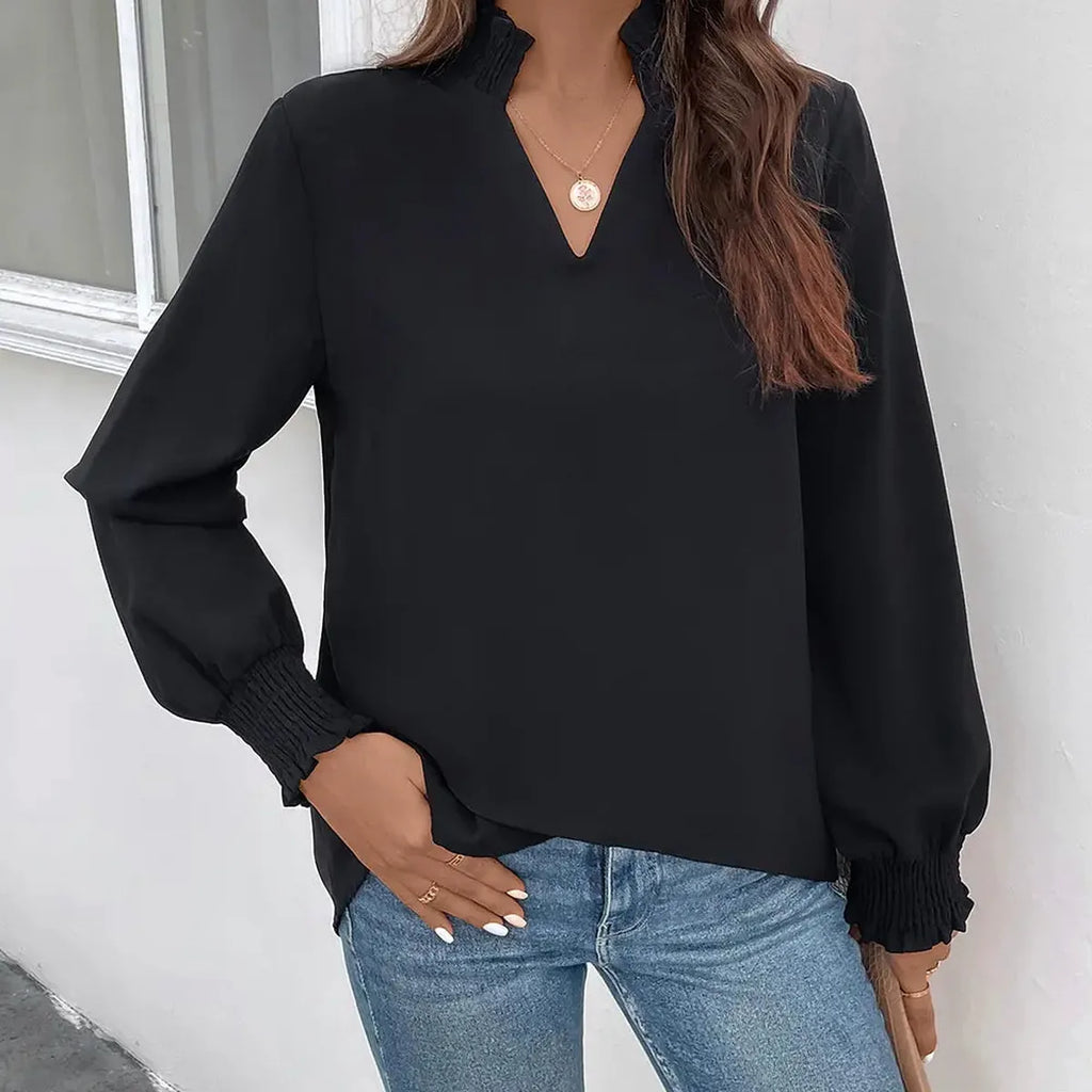 Smocked Notched Neck Long Sleeve Blouse with Bishop Sleeves