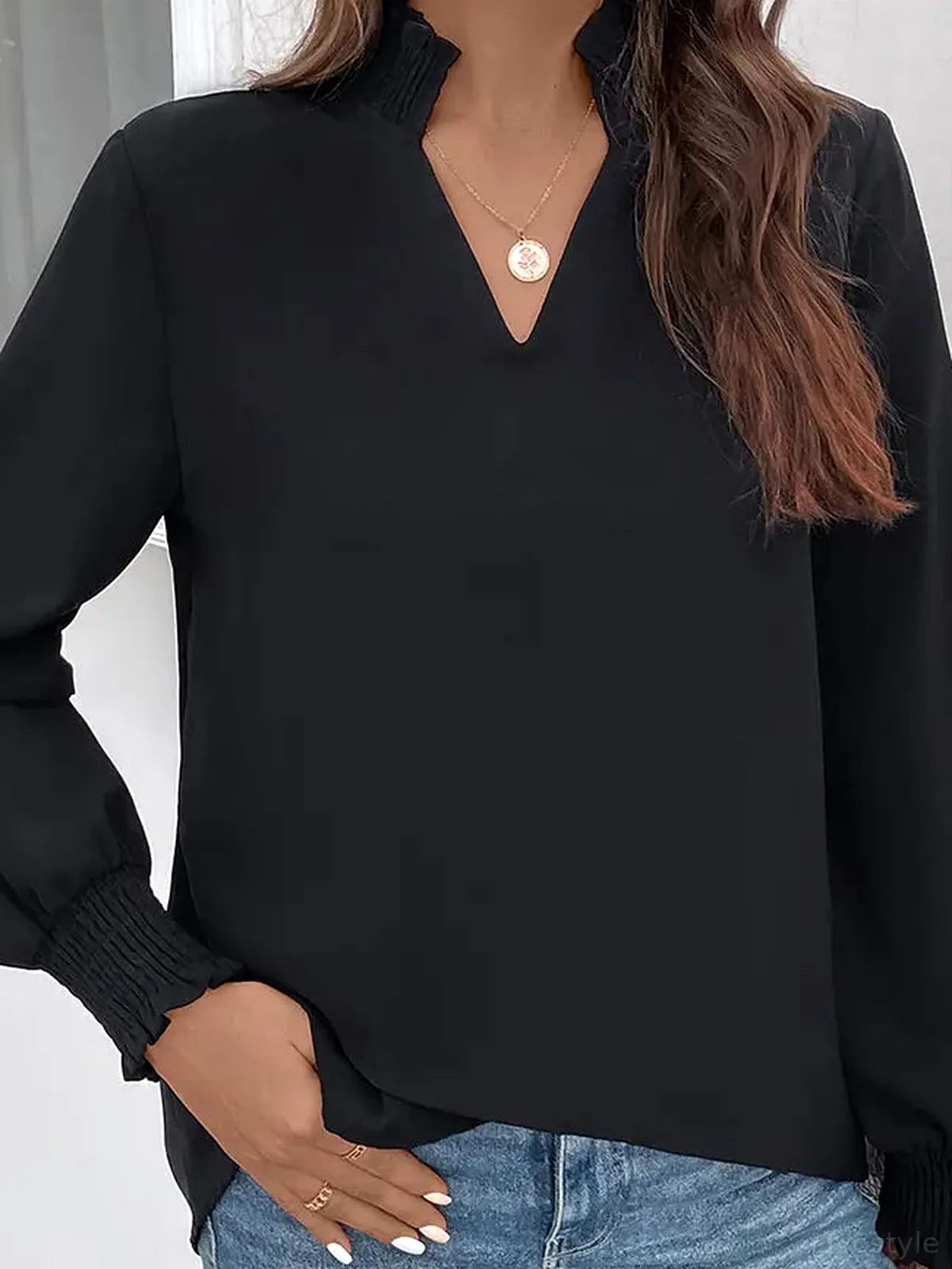 Smocked Notched Neck Long Sleeve Blouse with Bishop Sleeves