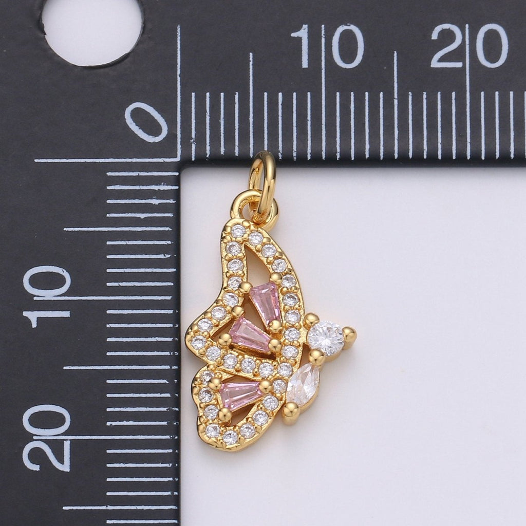 Pink Mariposa Butterfly Charm Micro Pave Cz Butterfly Charm Cubic Pendant for Necklace Component Real Gold Plated Tarnish Free, D-610