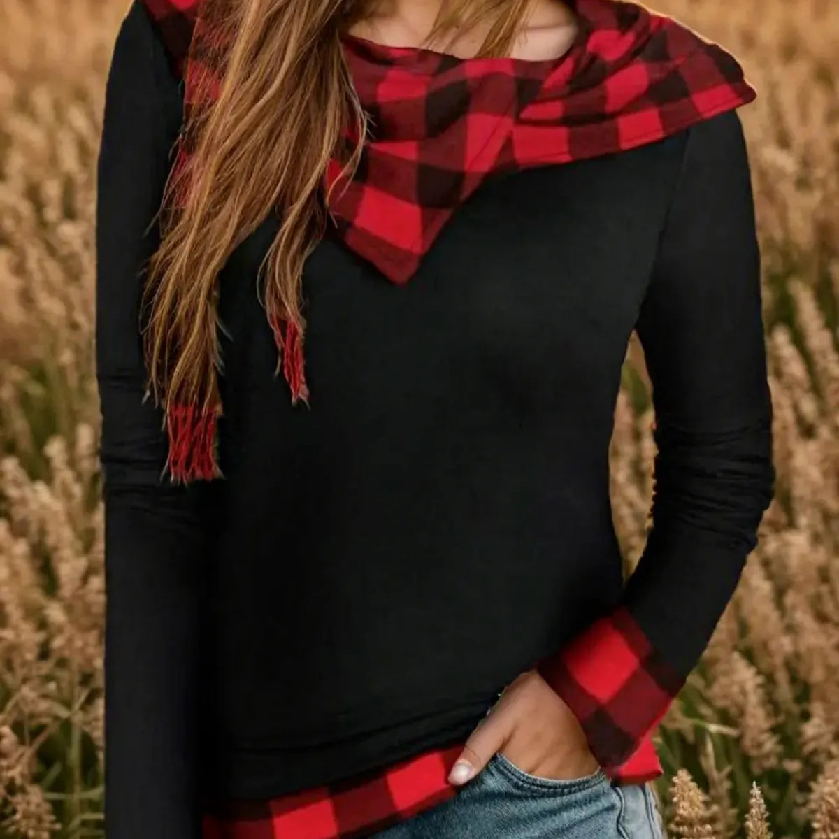 Plaid Long Sleeve Hooded Cotton Blouse