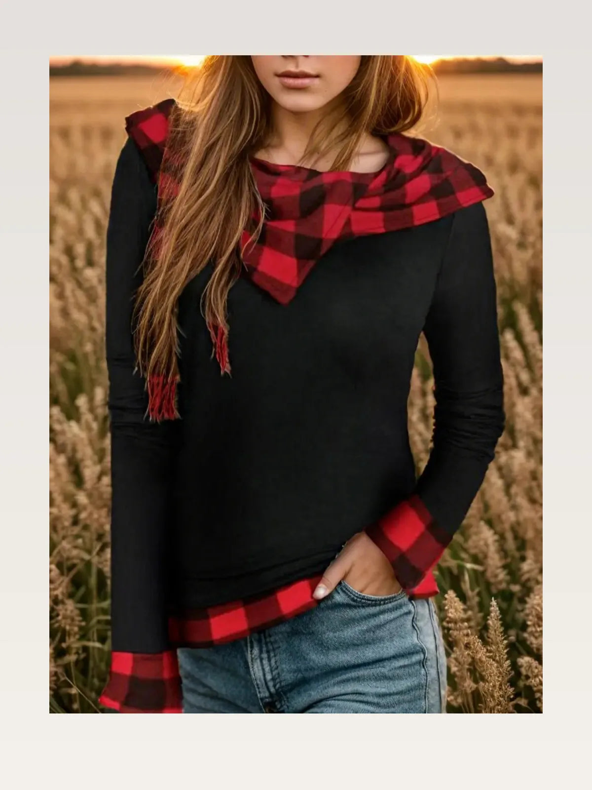 Plaid Long Sleeve Hooded Cotton Blouse