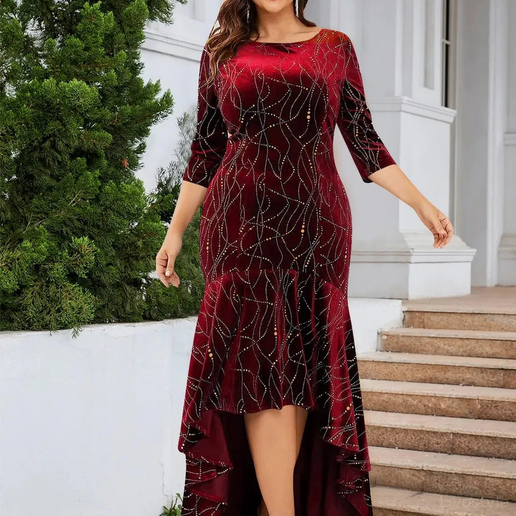 Ruffle Hem High-Low Midi Dress with 3/4 Sleeves – Plus Size