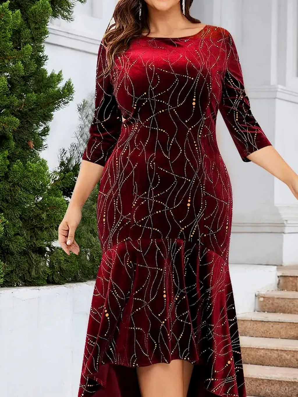 Ruffle Hem High-Low Midi Dress with 3/4 Sleeves – Plus Size