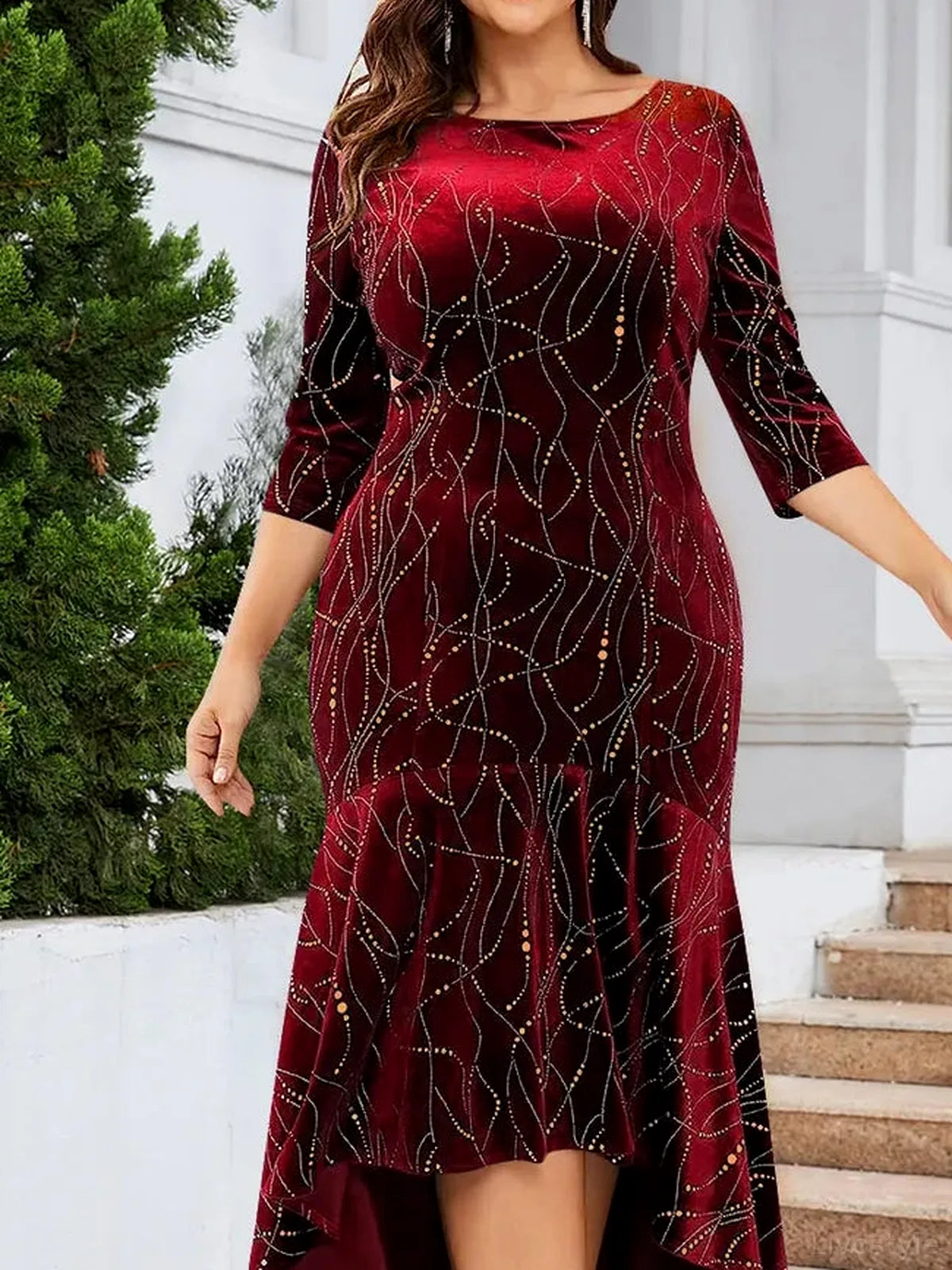 Ruffle Hem High-Low Midi Dress with 3/4 Sleeves – Plus Size
