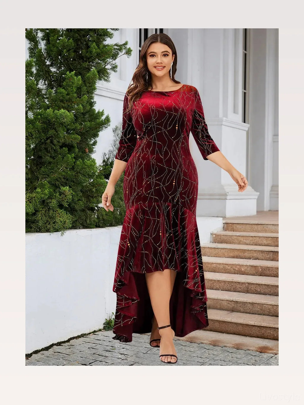 Ruffle Hem High-Low Midi Dress with 3/4 Sleeves – Plus Size