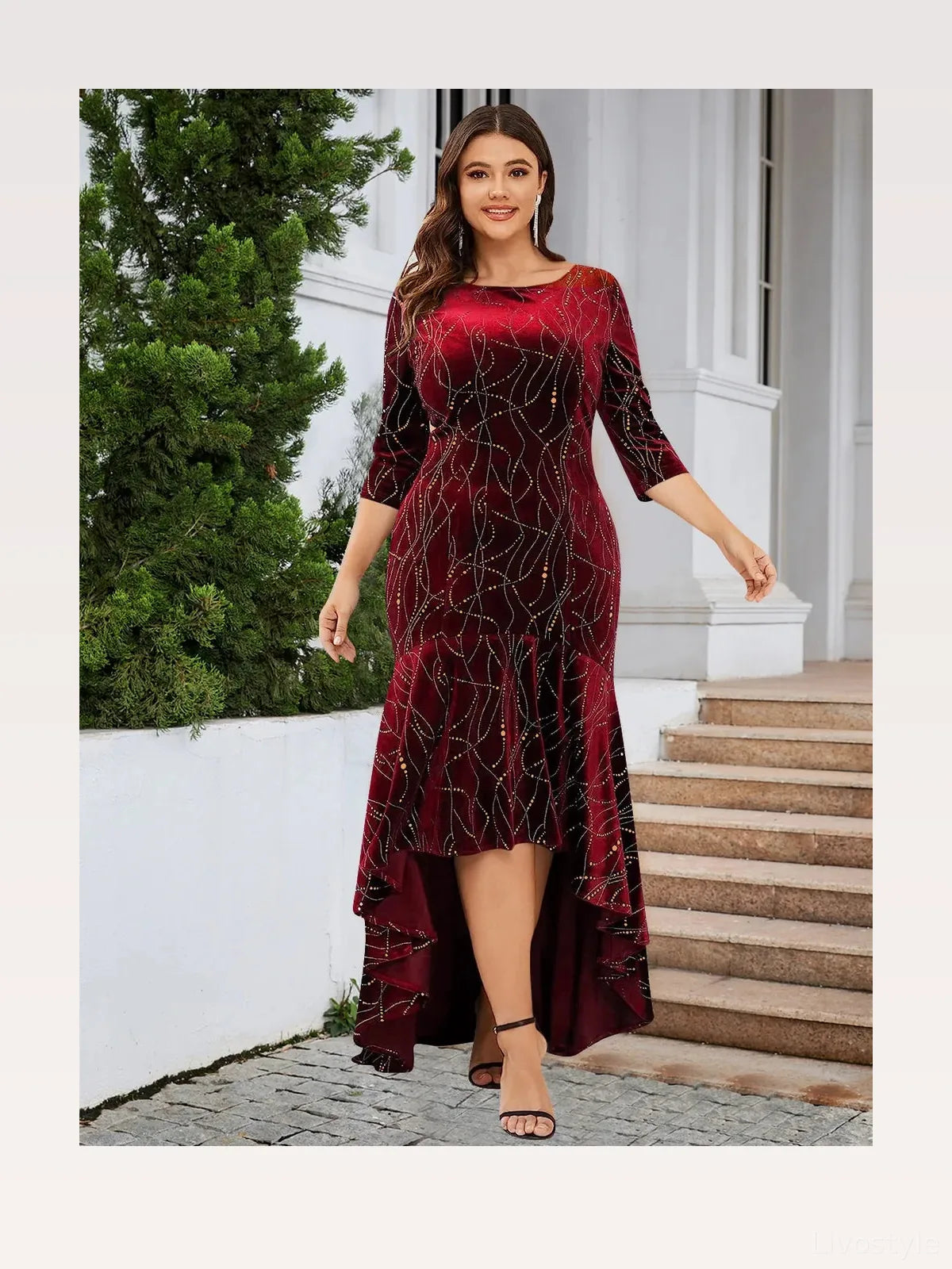 Ruffle Hem High-Low Midi Dress with 3/4 Sleeves – Plus Size