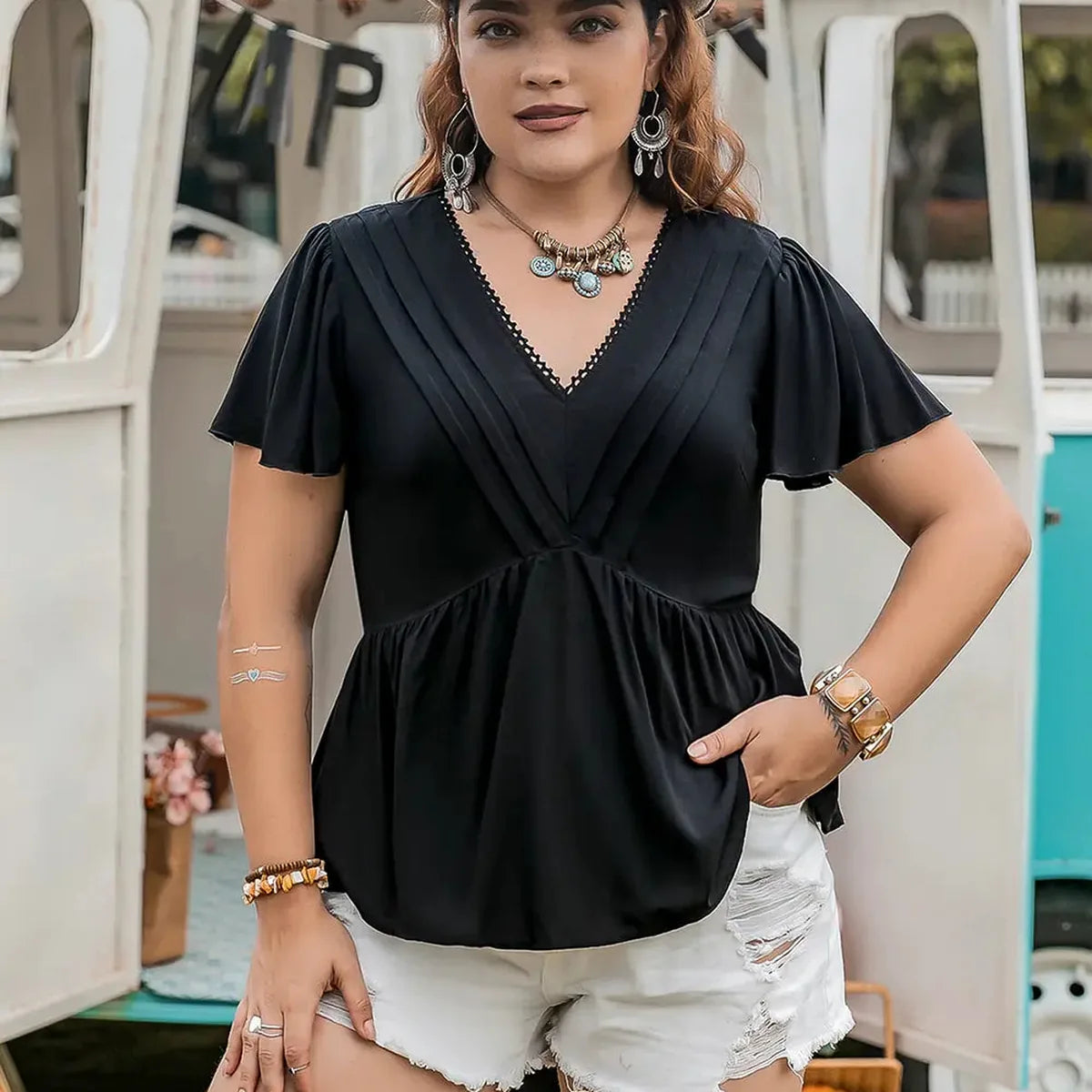 V-Neck Flutter Sleeve Blouse