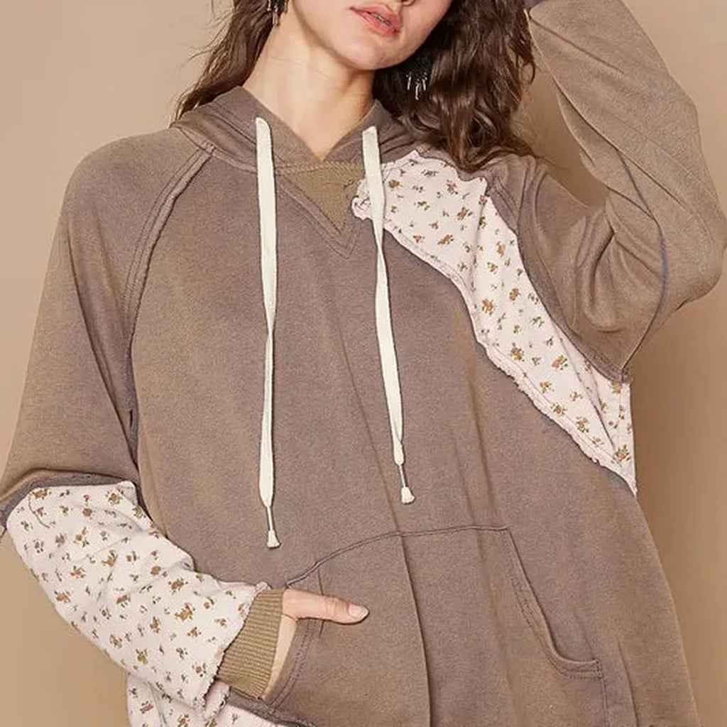 Floral Patchwork Distressed Drawstring Hoodie with Raglan Sleeves