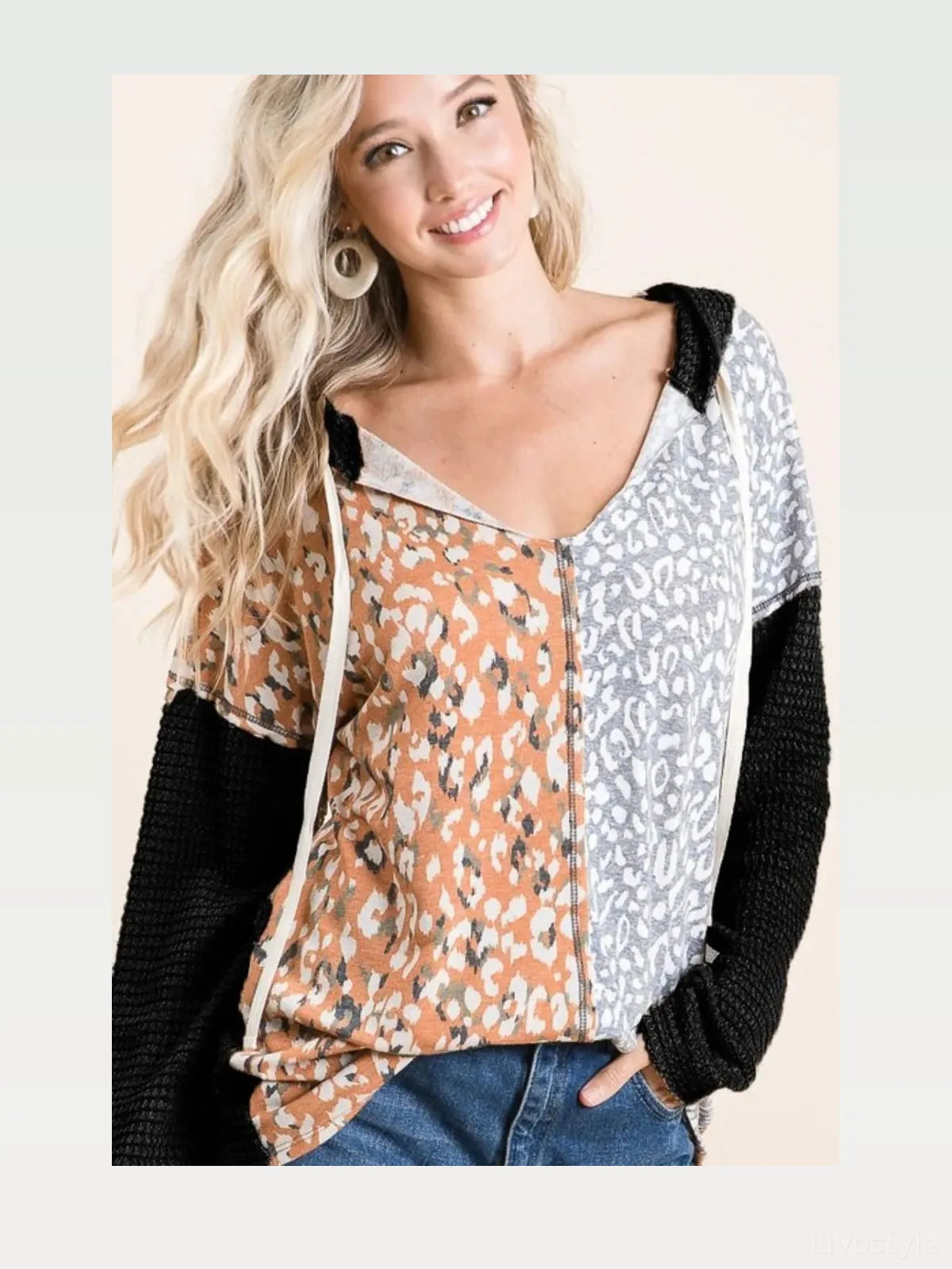Popcorn Waffle Knit Hoodie with Front Pocket and Print Block