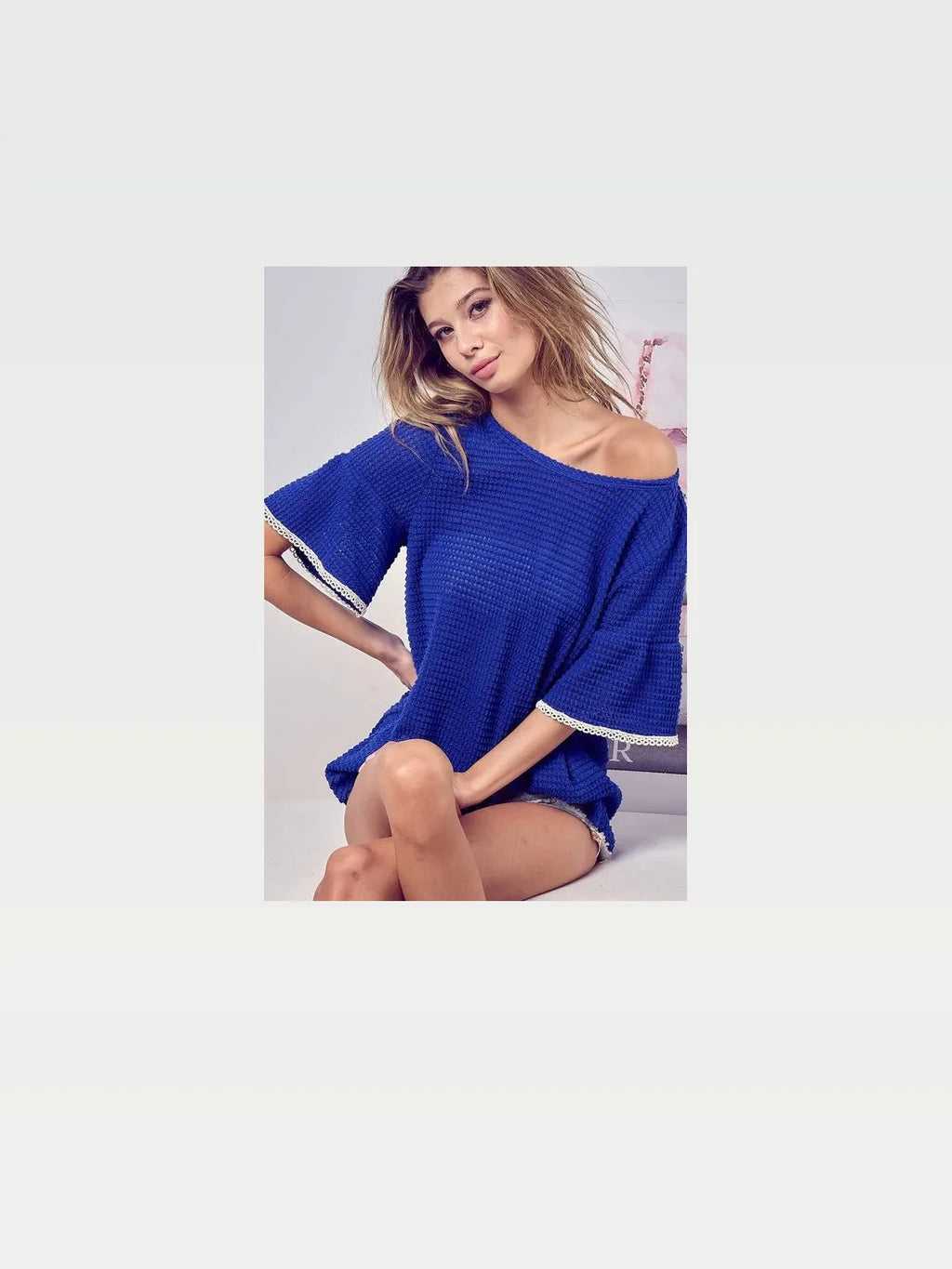 Popcorn Waffle Knit Top with Pompom Lace