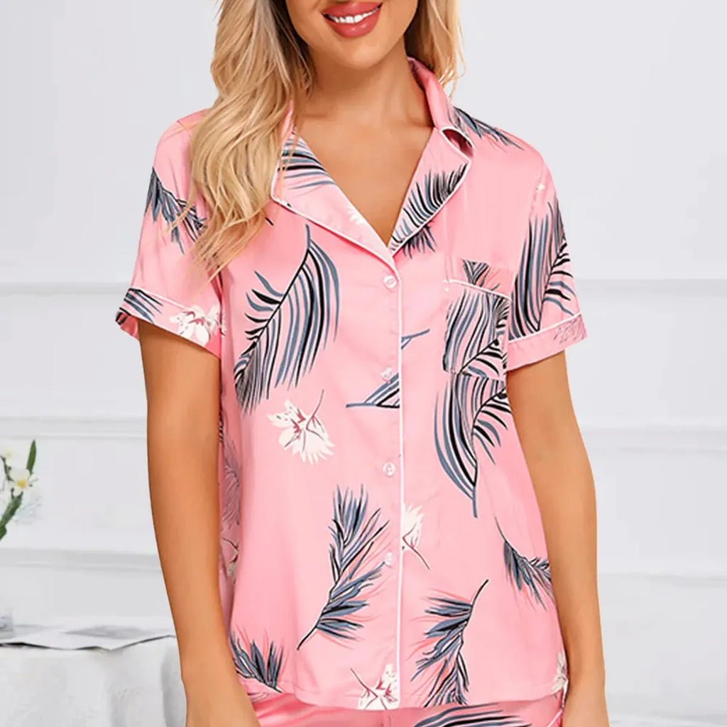Printed Button Up Short Sleeve Top and Shorts Lounge Set