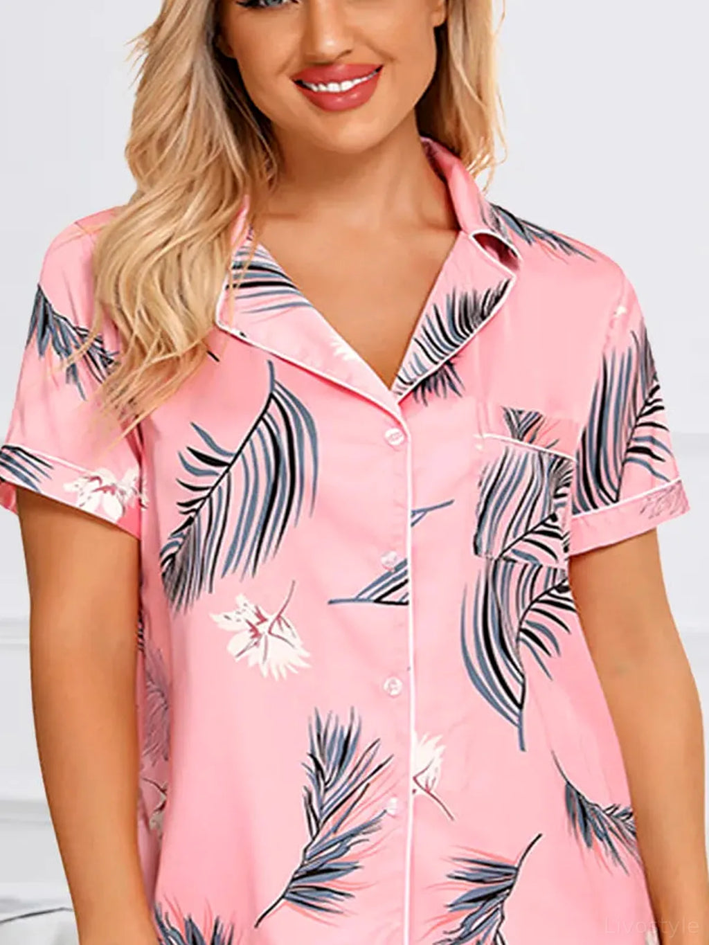 Printed Button Up Short Sleeve Top and Shorts Lounge Set