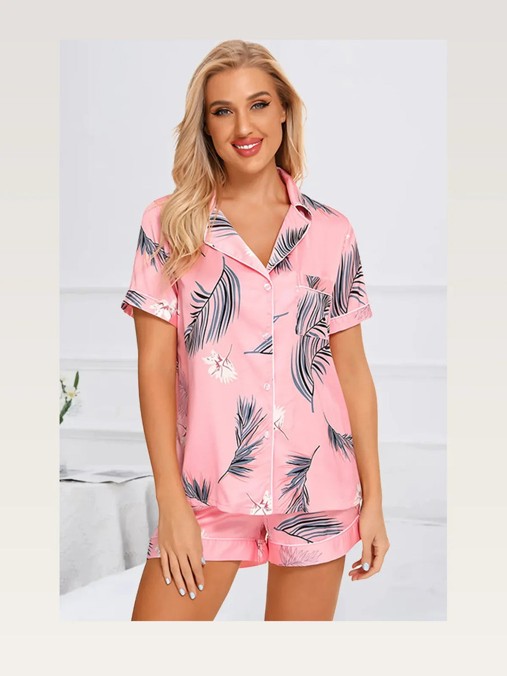Printed Button Up Short Sleeve Top and Shorts Lounge Set
