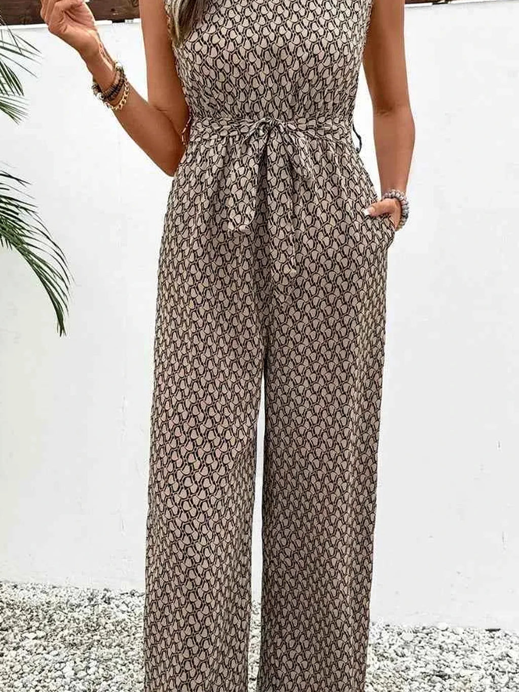 Printed Mock Neck Sleeveless Jumpsuit with Tie Waist