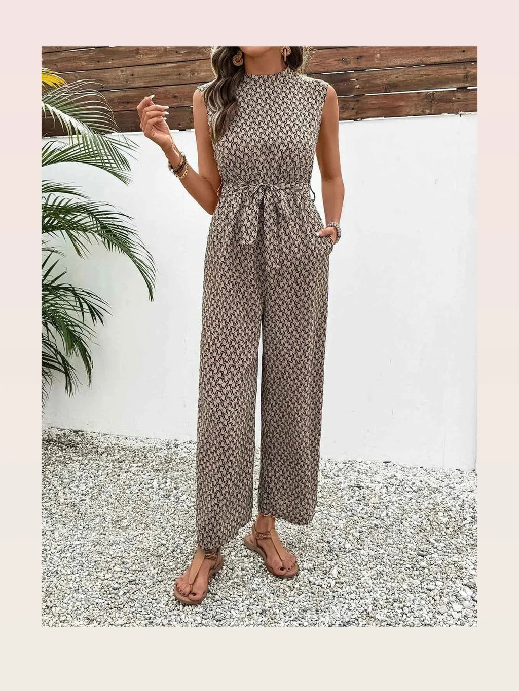 Printed Mock Neck Sleeveless Jumpsuit with Tie Waist