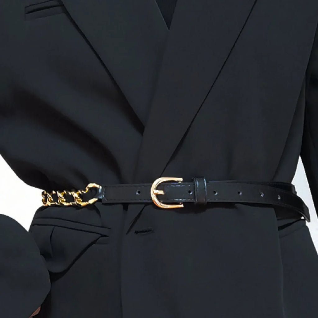 PU Leather Skinny Belt with Chain Detail