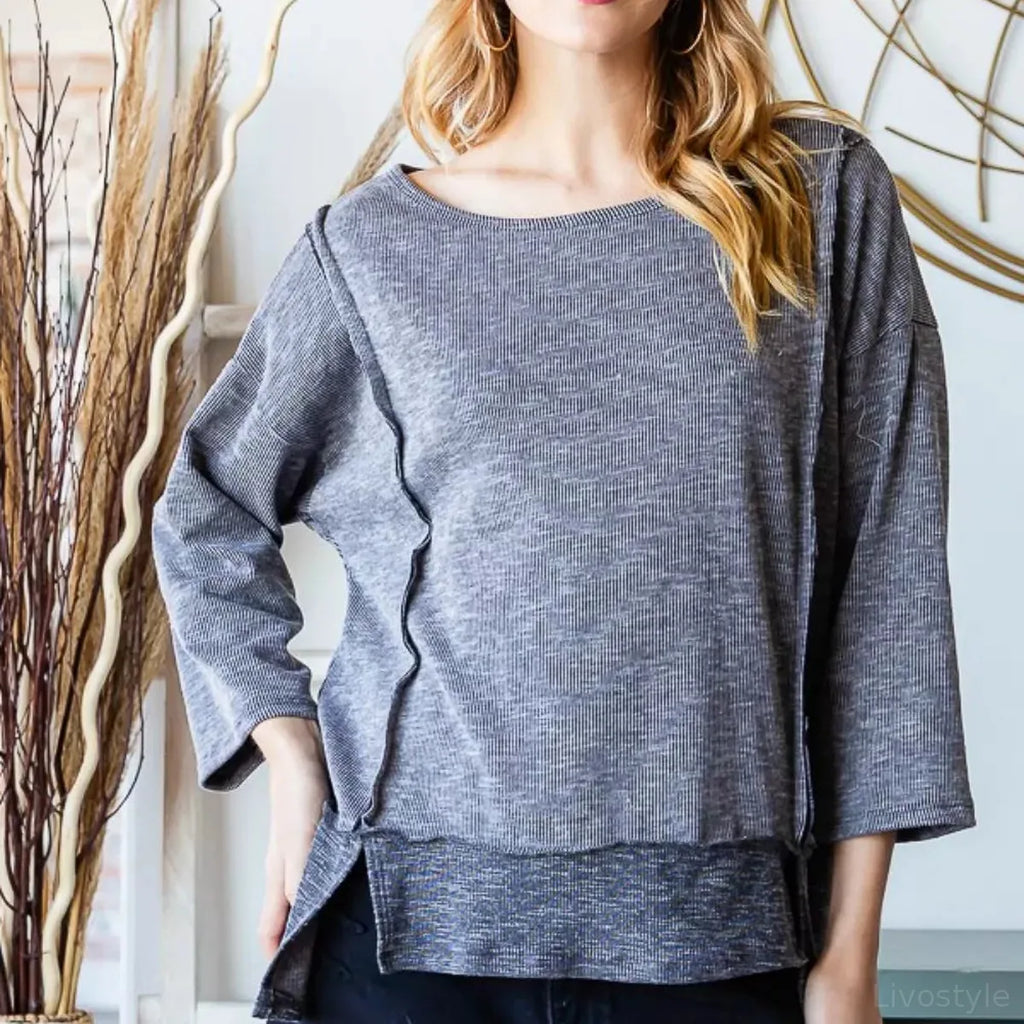 Boat Neck Exposed Seam Top with Side Slits