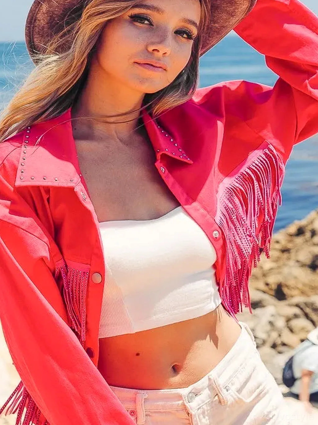Studded Collar Jacket with Rhinestone Fringe