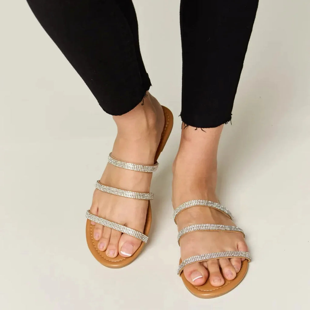 Rhinestone Three-Strap Flat Sandals