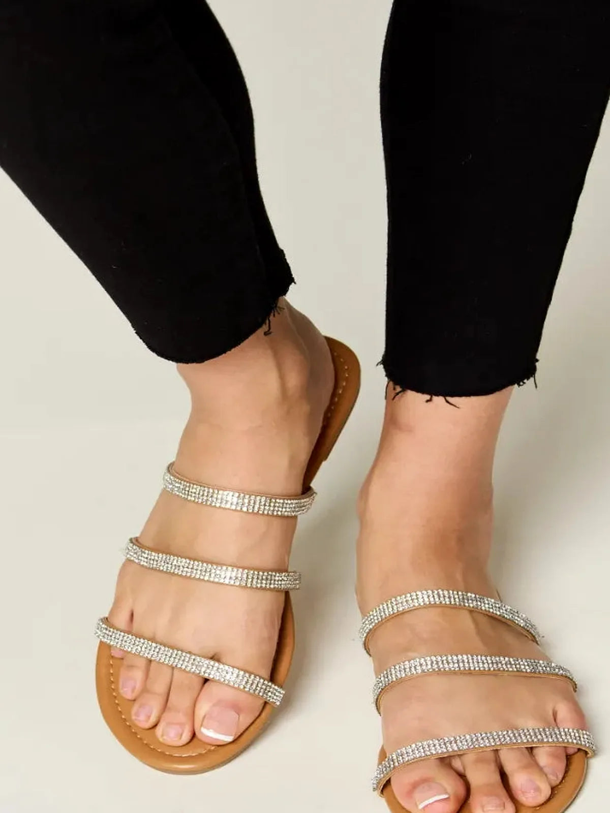 Rhinestone Three-Strap Flat Sandals