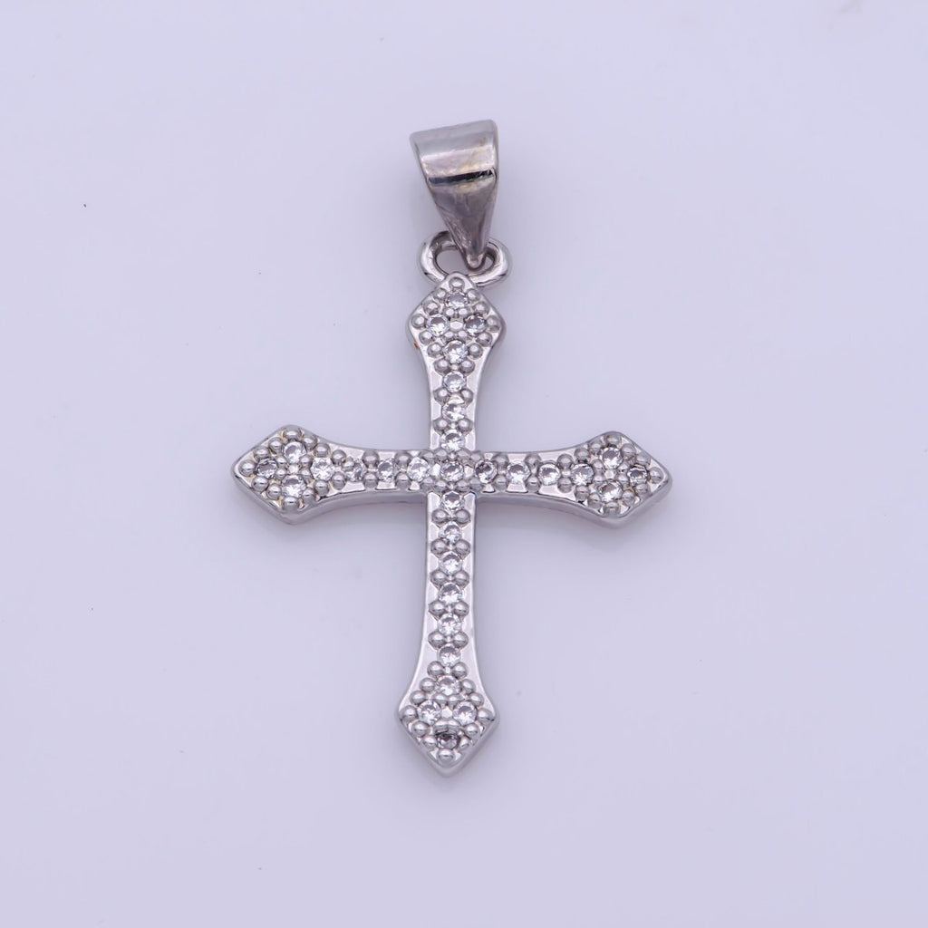 Rhodium Plated, 14K Gold Filled Cubic Zirconia Pave Cross Charm, Silver Cross Pendant CZ Micro Pave Cross, Ornate Cross Pendant, CZ Cross Layer Necklace, Elegance Cross, Cubic Zirconia Necklace Pendant Charm Bails Findings for Jewelry Making  H-188