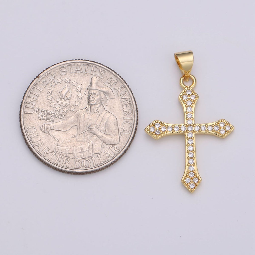 Rhodium Plated, 14K Gold Filled Cubic Zirconia Pave Cross Charm, Silver Cross Pendant CZ Micro Pave Cross, Ornate Cross Pendant, CZ Cross Layer Necklace, Elegance Cross, Cubic Zirconia Necklace Pendant Charm Bails Findings for Jewelry Making  H-188