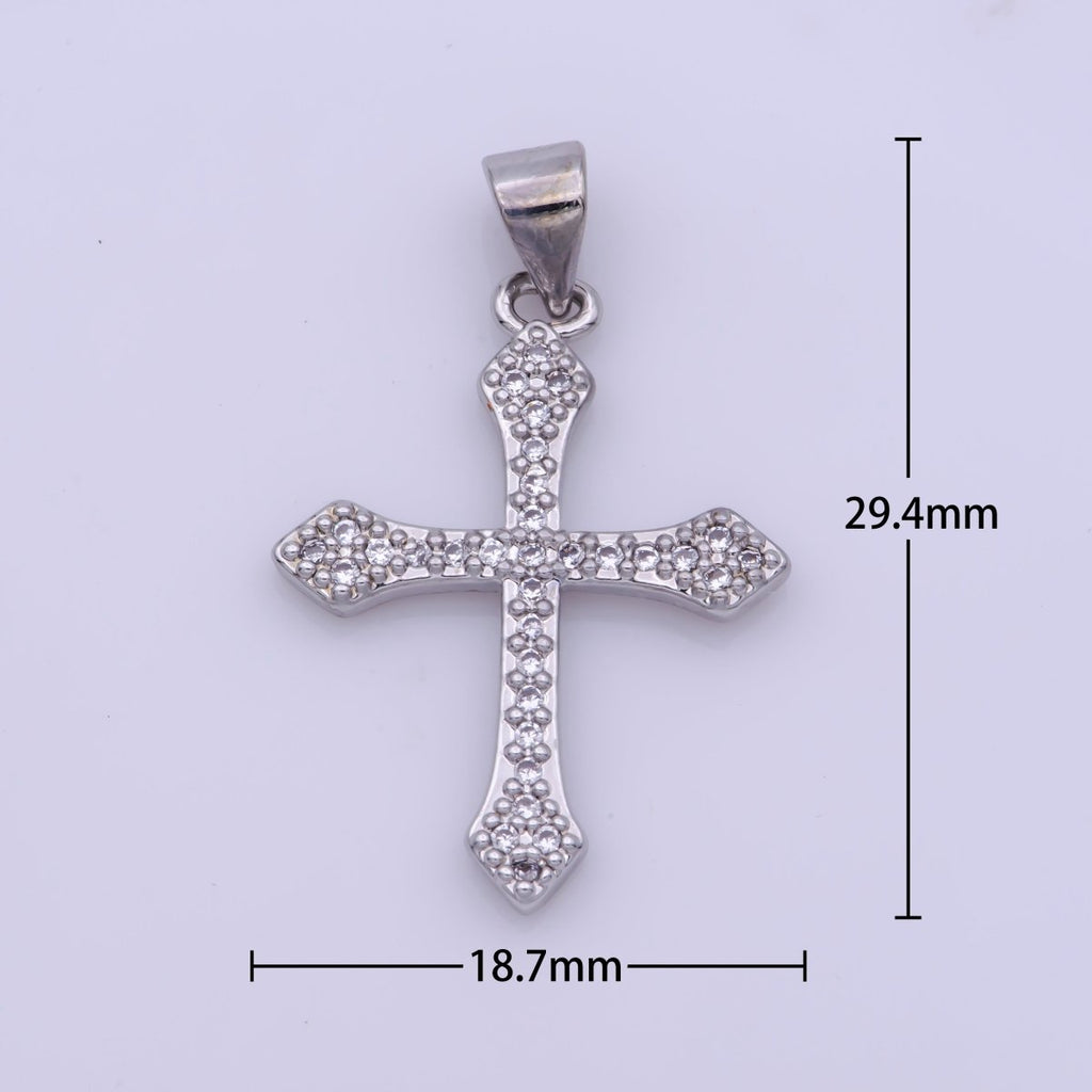 Rhodium Plated, 14K Gold Filled Cubic Zirconia Pave Cross Charm, Silver Cross Pendant CZ Micro Pave Cross, Ornate Cross Pendant, CZ Cross Layer Necklace, Elegance Cross, Cubic Zirconia Necklace Pendant Charm Bails Findings for Jewelry Making  H-188
