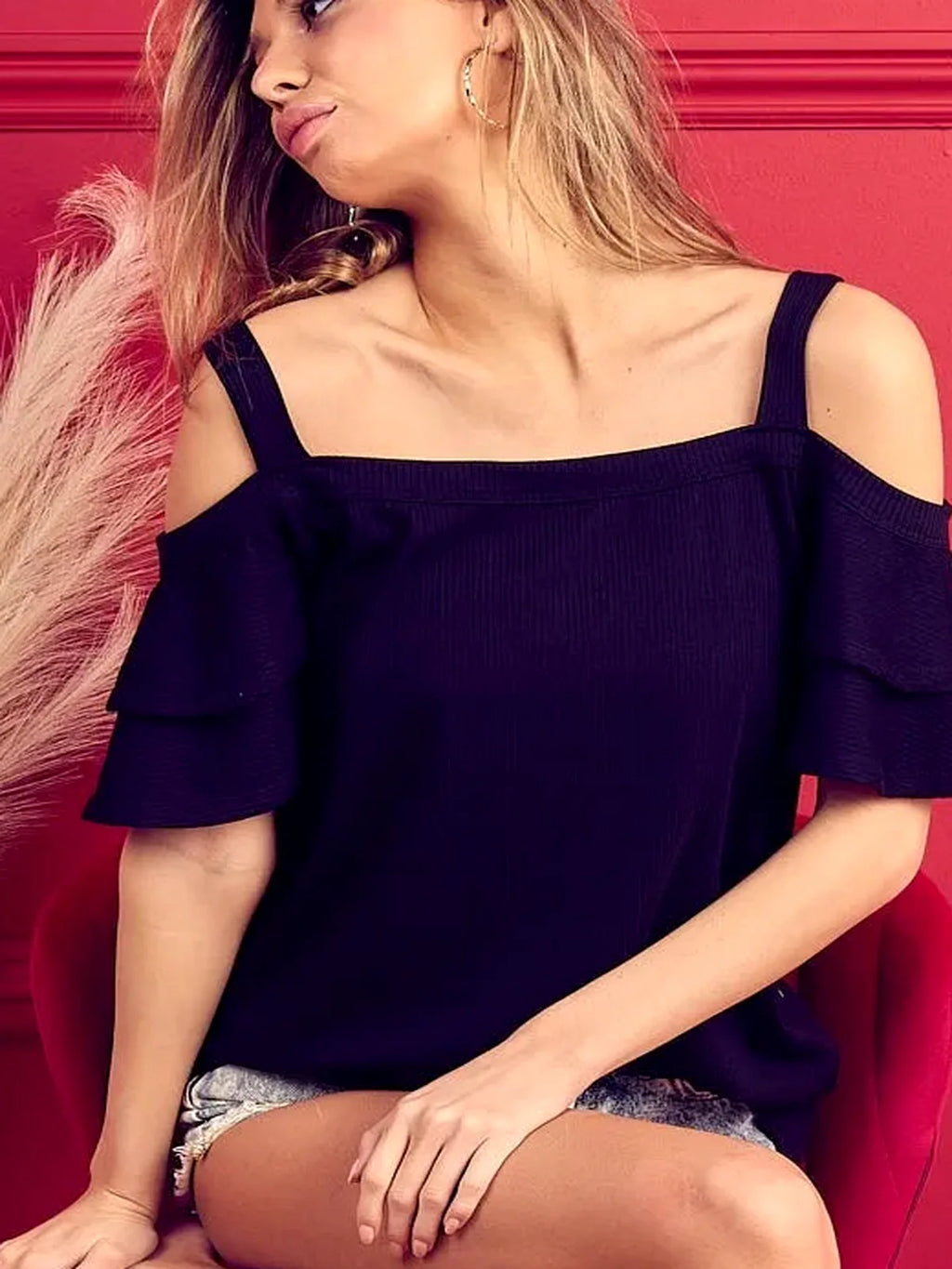 Off-Shoulder Ribbed Knit Top with Ruffled Tiered Sleeves