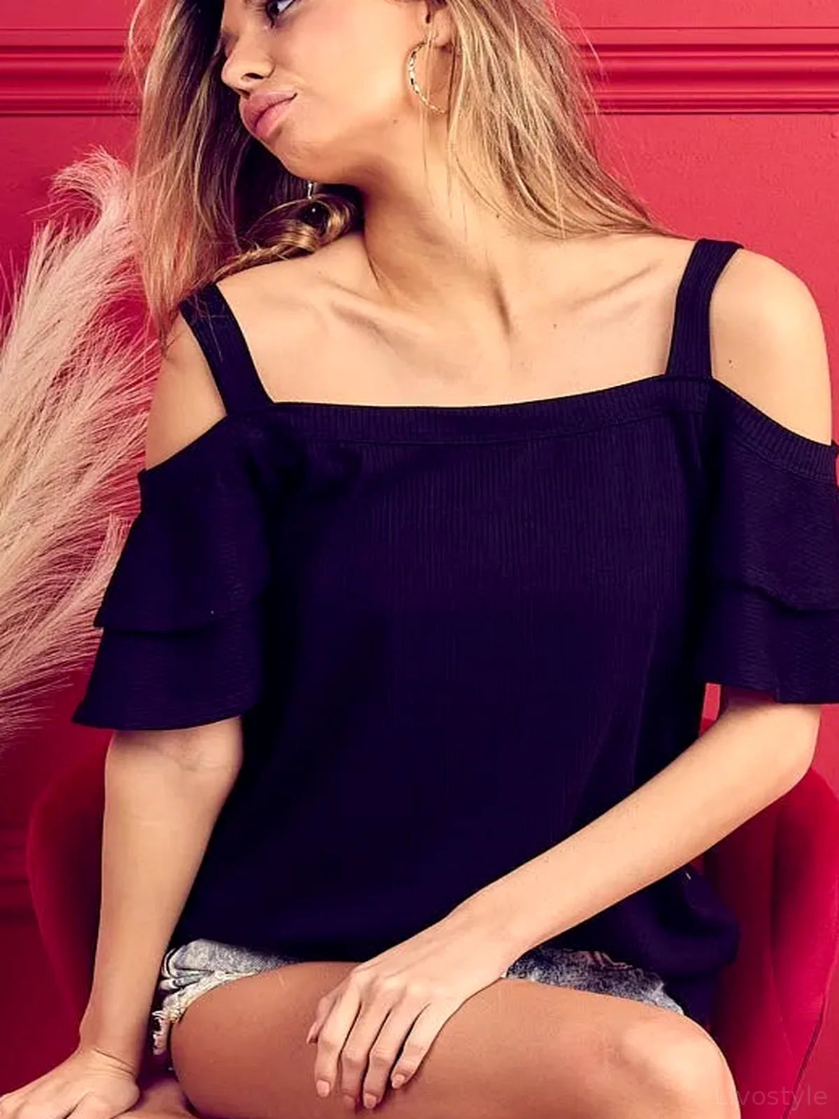 Off-Shoulder Ribbed Knit Top with Ruffled Tiered Sleeves