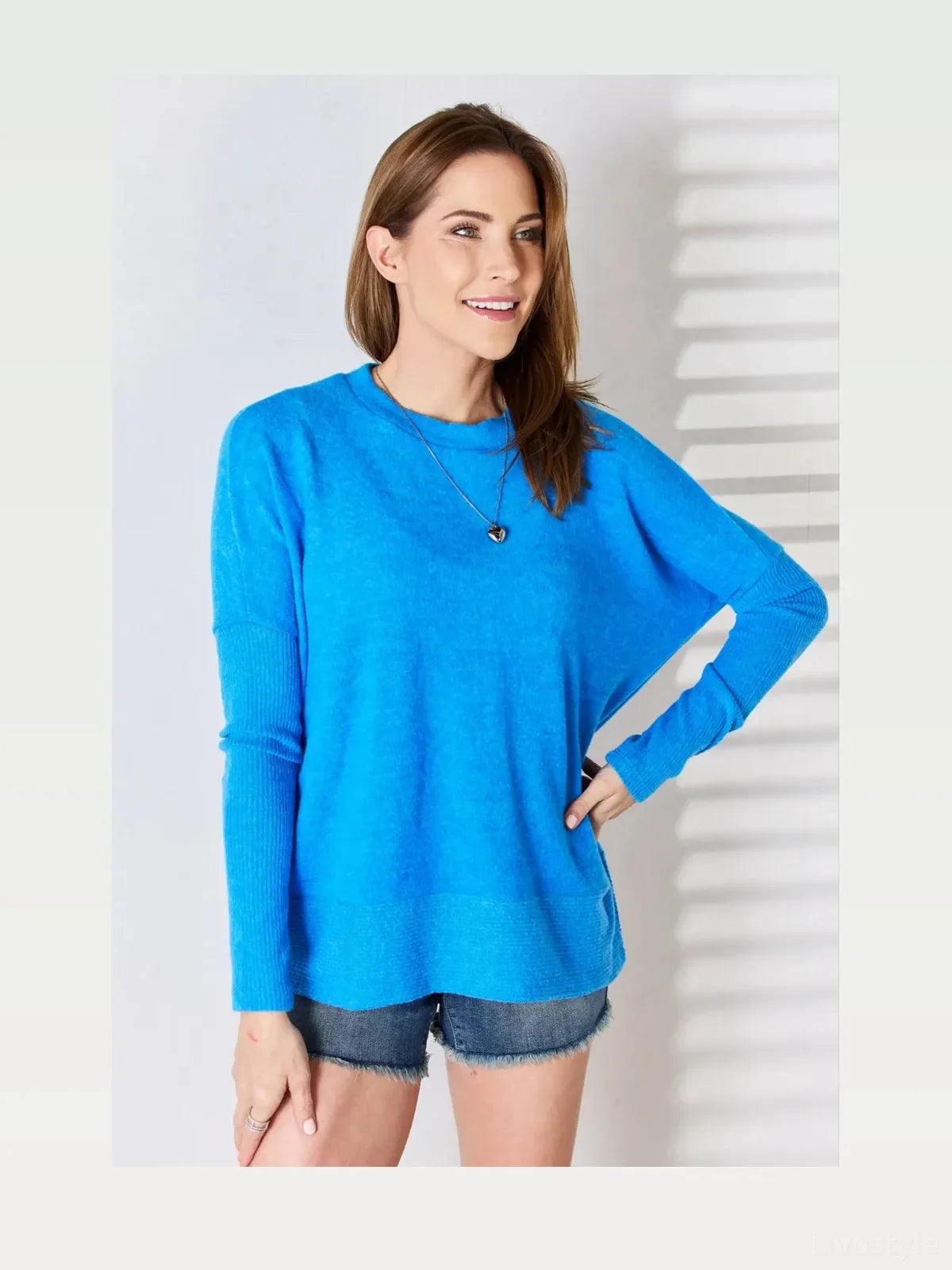 Ribbed Trim Round Neck Long Sleeve Pullover Top