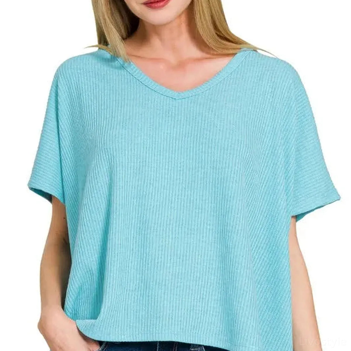 Ribbed V-Neck Short Sleeve Knit Top