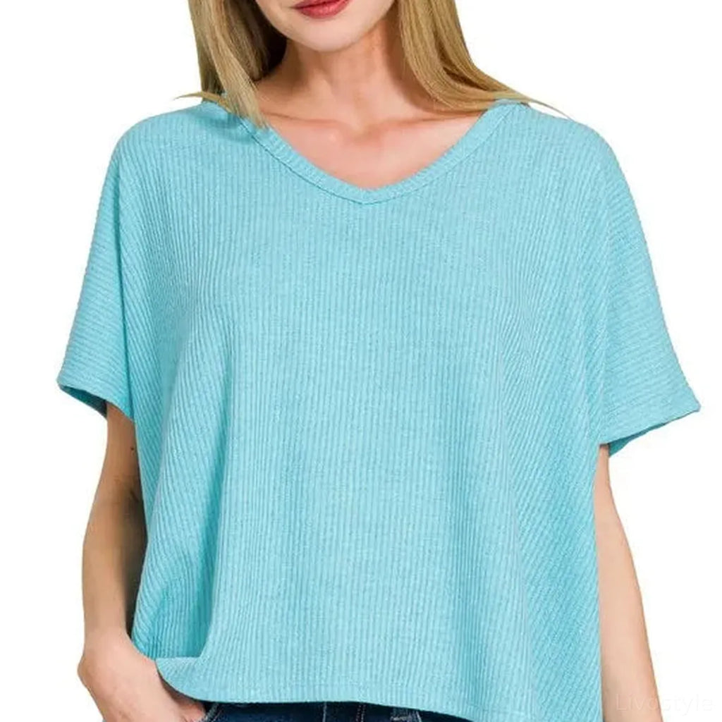 Ribbed V-Neck Short Sleeve Knit Top