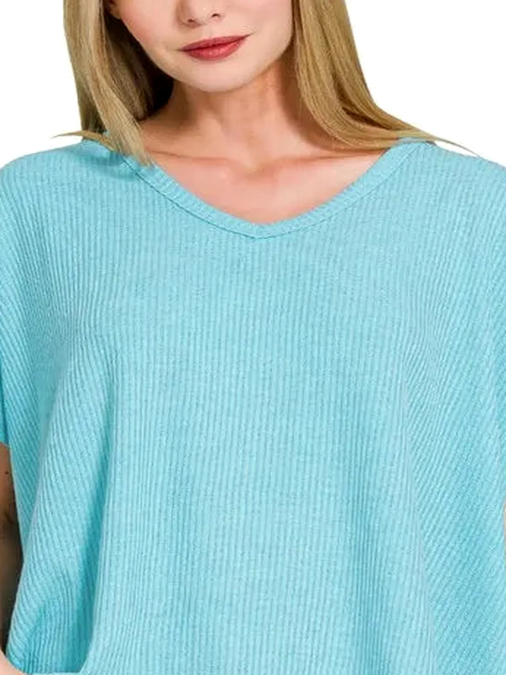 Ribbed V-Neck Short Sleeve Knit Top