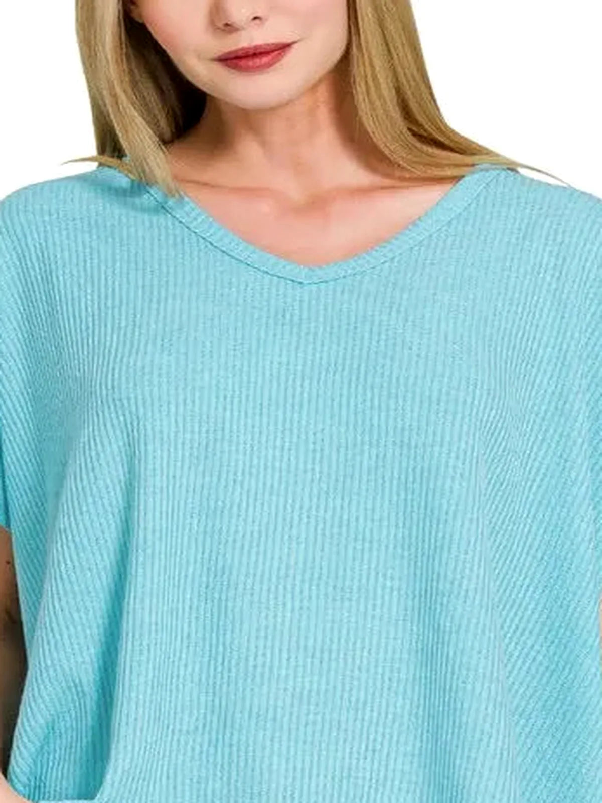 Ribbed V-Neck Short Sleeve Knit Top