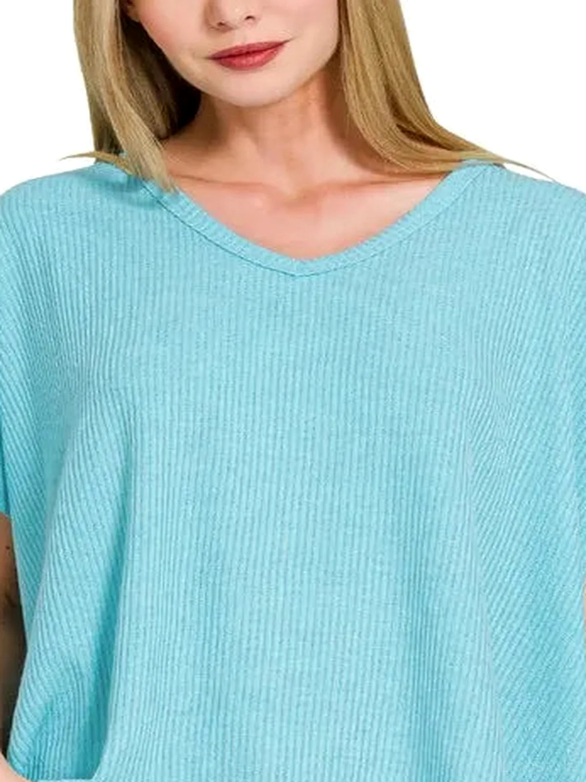 Ribbed V-Neck Short Sleeve Knit Top