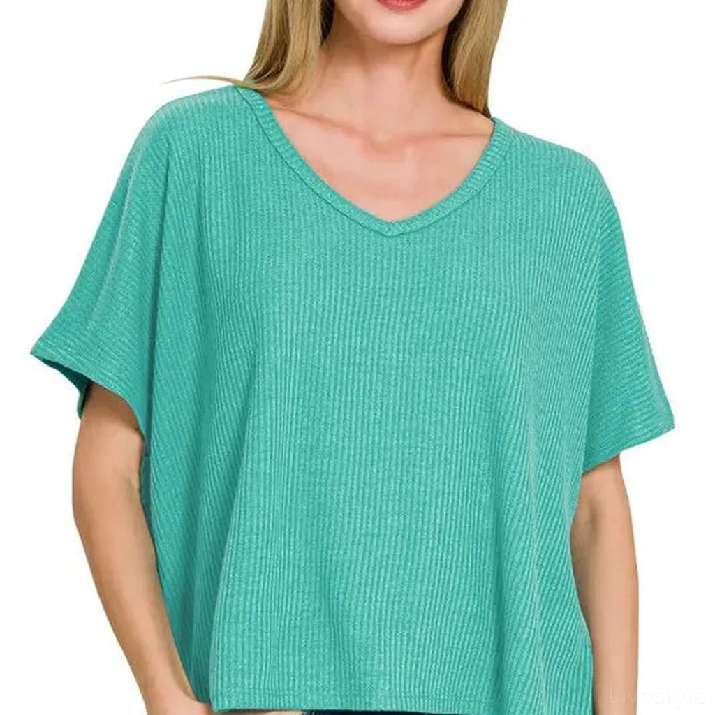 Ribbed V-Neck Short Sleeve Relaxed Knit Top