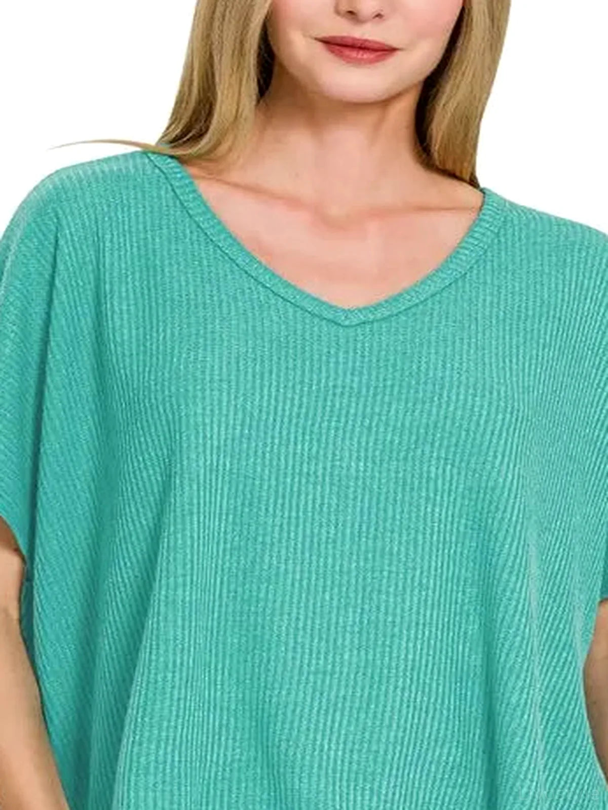 Ribbed V-Neck Short Sleeve Relaxed Knit Top
