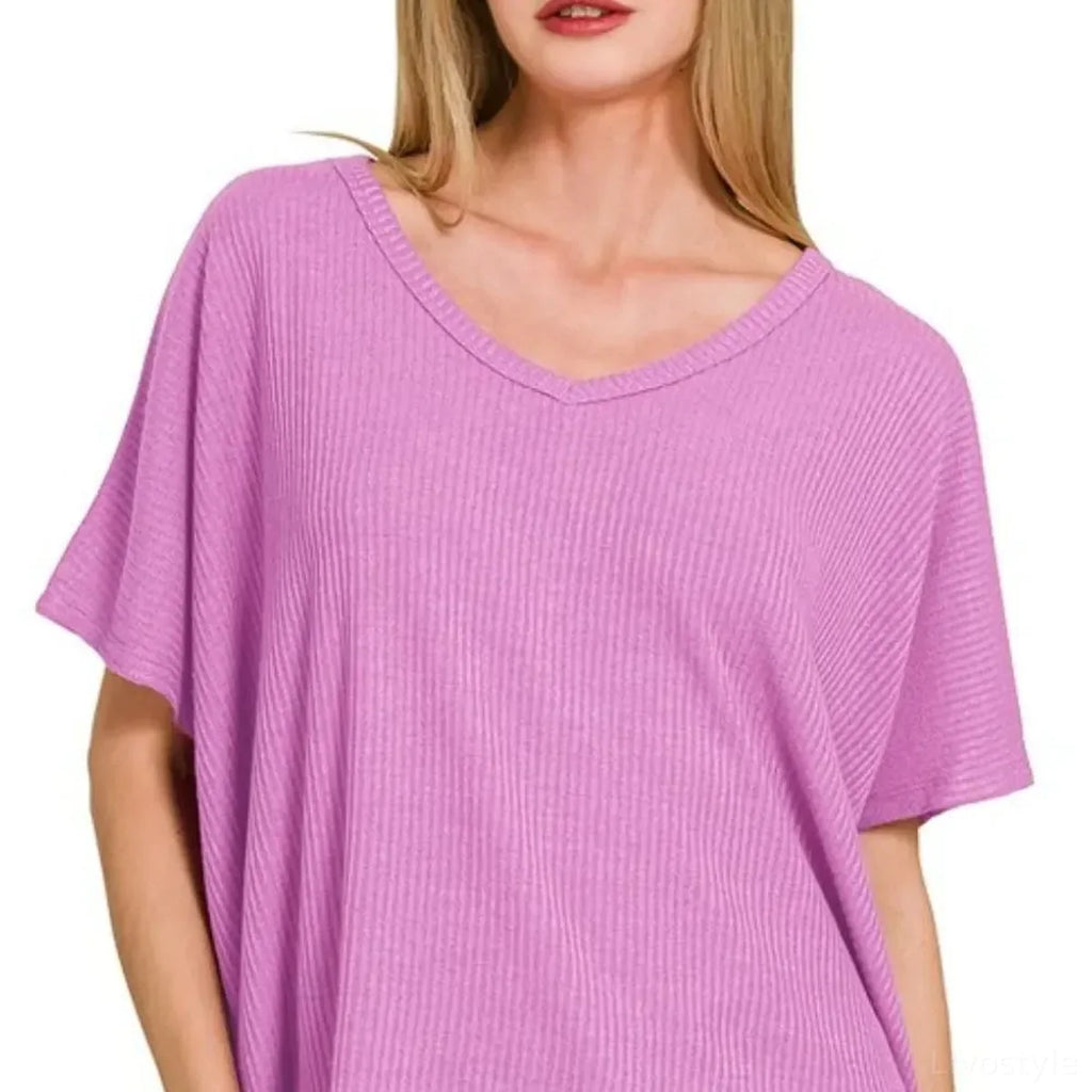Ribbed V-Neck Short Sleeve Knit Top – Relaxed Fit