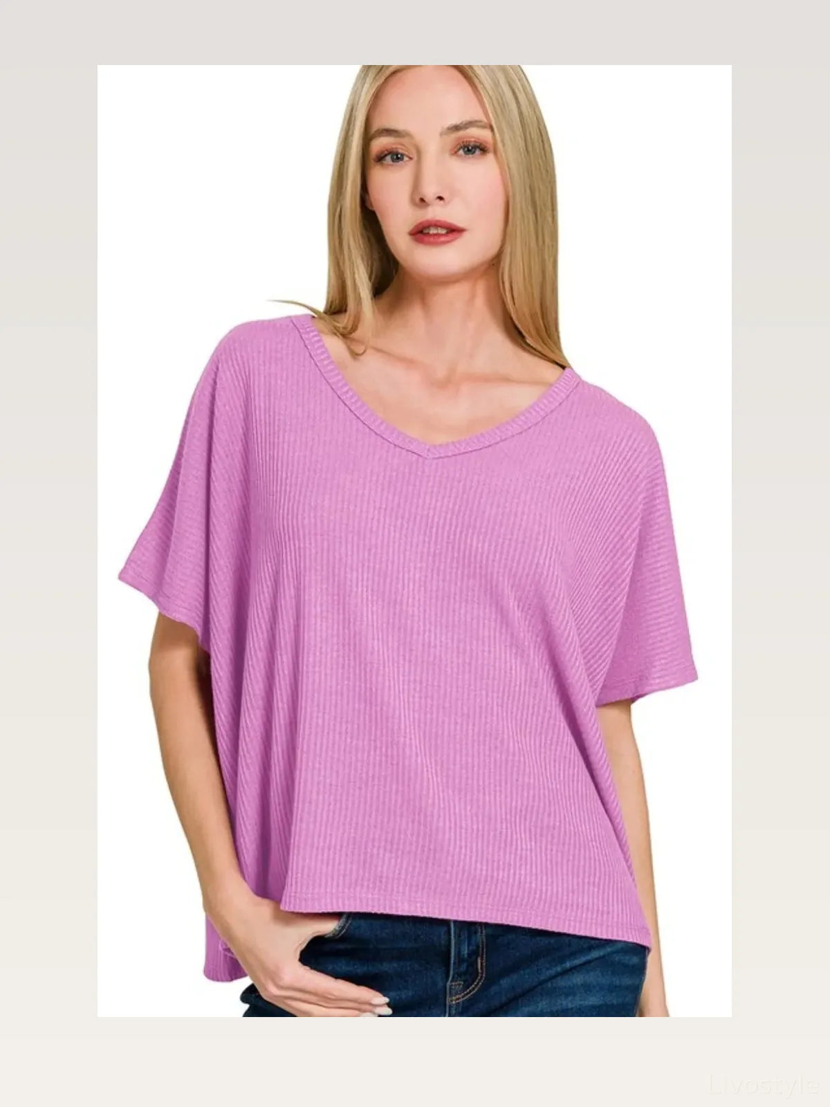 Ribbed V-Neck Short Sleeve Knit Top – Relaxed Fit