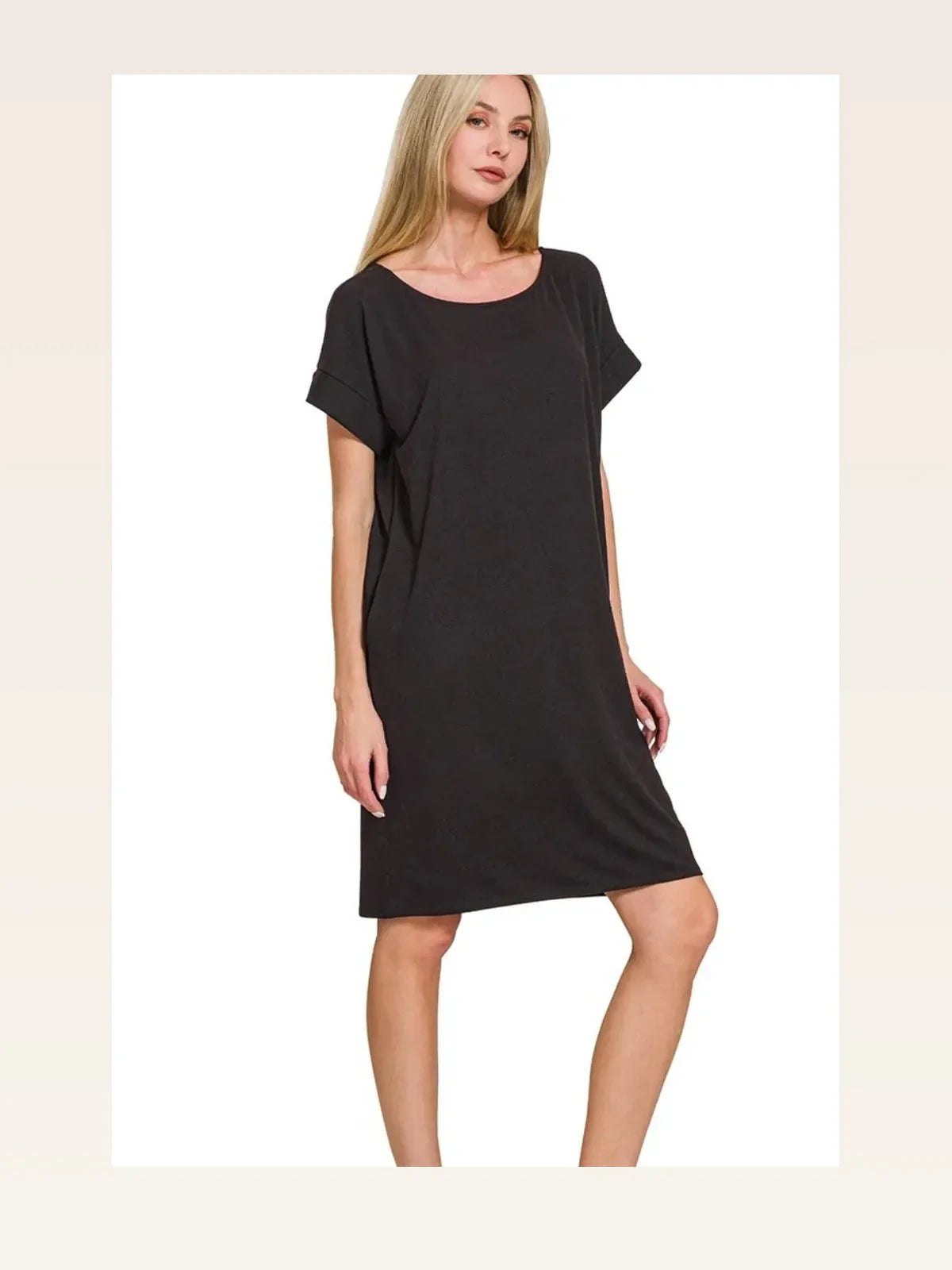 Rolled Short Sleeve Round Neck T-Shirt Dress