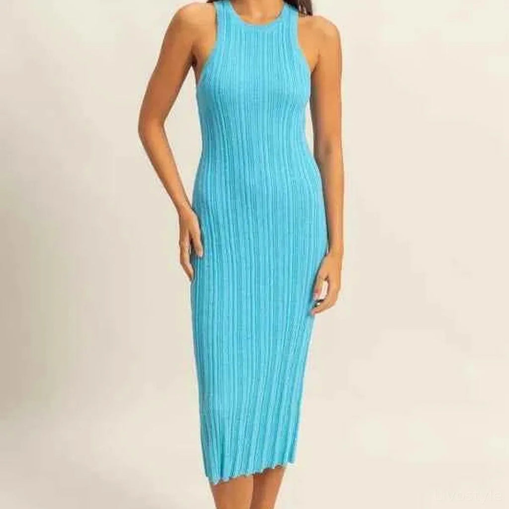 Blue Round Neck Bodycon Ribbed Knit Dress