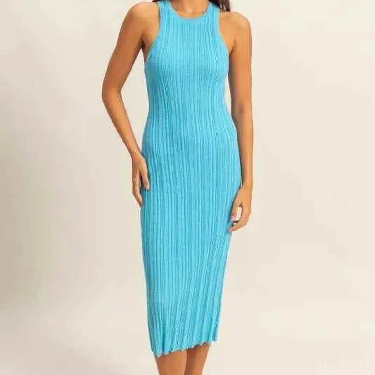 Blue Round Neck Bodycon Ribbed Knit Dress